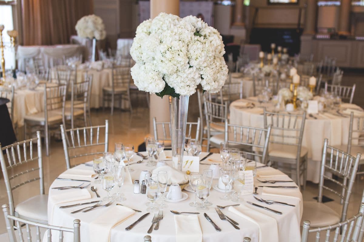 Grand ballroom set for a formal event