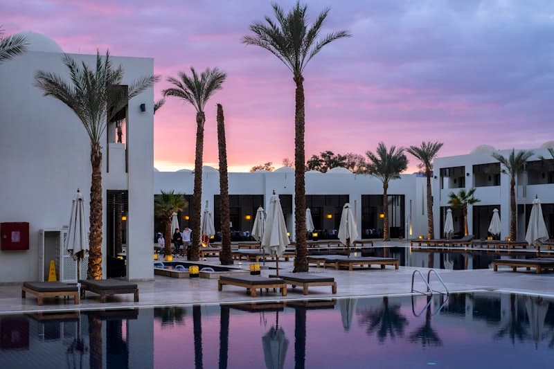 Hotel entrance at dusk